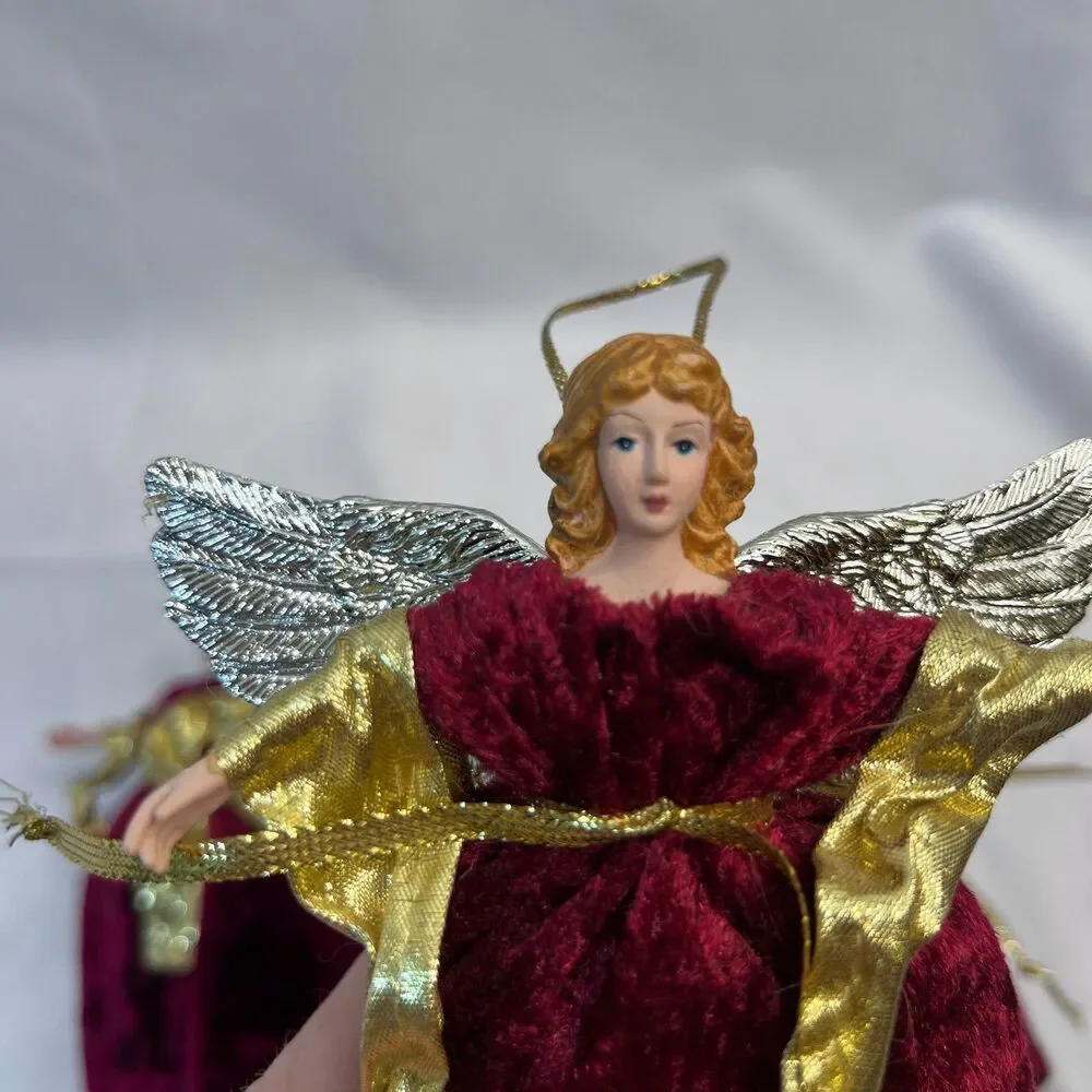 Christmas Ornaments‎ Angels Lot of 5 Red Velvet Gowns Free Standing Hanging